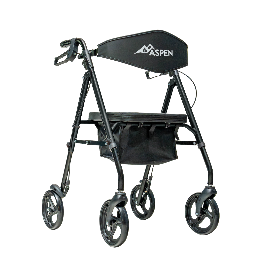 The Carex Aspen Folding Dual-Height Rollator in black features XL all-terrain wheels, lightweight aluminum frame, adjustable height, seat with backrest, storage pouch, hand brakes, and a convenient folding design for easy mobility.